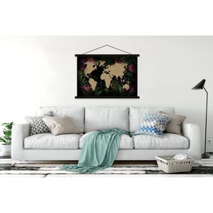 Posterhanger incl. Poster 120x80 cm - Schoolplaat - Wereldkaart - Bloemen - Bladeren - Textielposter - Zwarte latten