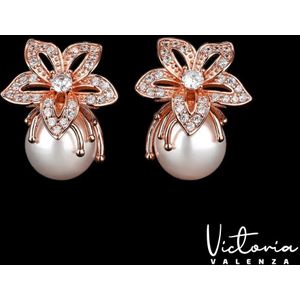 Victoria Valenza Perla Luxe Oorbellen Dames Messing Oorhangers Dames Oorringen - Witte Steen - Kleur Rosegoud - 1 Paar
