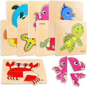 Houten puzzel, 8 stuks houten puzzel, Montessori-speelgoed, Sorteer puzzel, houten speelgoed vanaf 1, 2, 3 jaar, houten speelgoed, puzzel vanaf 2, 3, 4 jaar, steekpuzzel, cadeau, zeedieren, houten puzzel