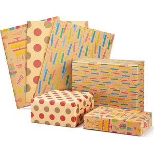Recyclebaar cadeaupapier voor elke gelegenheid - 3 vellen kleurrijk en bruin (50 x 76 cm)