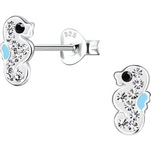 Joy|S - Zilveren zeepaardje oorbellen - 5 x 8 mm - kristal wit met blauw accentje- kinderoorbellen