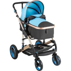 HandyHaven® - Kinderwagen 3 in 1 - Baby - Luxe Wandelwagen - Blauw - Zwart - Goud Verstelbaar - Draagbaar - Opvouwbaar - Met autostoeltje - Voorwielen 360° - Hoogte 101cm - Duurzaam