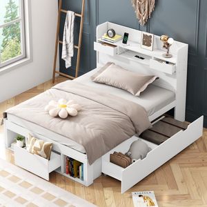 Sweiko Eenpersoonsbed - 90*200 cm - met USB-poort + Laden + Opbergruimte - Kinderbed - zonder matras - Wit