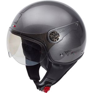 DEMM Fashion Scooterhelm met Zonnevizier - Geschikt als Scooter Brommer Motor Snorfiets helm - Retro Vespa Scooterhelm - Volwassenen - XS - Titanium - Jethelm incl Gratis helmtas