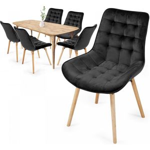 Miadomodo Eetkamerstoelen - Velvet - Fluweel - Houten Poten - Gewatteerd - Set van 6 - Zwart