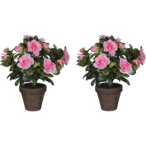 Mica Decorations Kunstplant - 3x - Azalea - groen/lichtroze - 27 cm - Met mooie bloemen