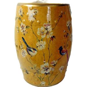 Fine Asianliving Keramische Kruk Yellow Birds Handmade - Helia D30xH45cm Keramiek Bijzettafel Porselein Stoel Tuinkruk