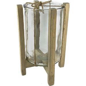 Glazen vaas op houten voet van WDMT™ | 19 x 27,5 cm | Glazen kaarsenhouder met een houten frame | Lantaarn, windlicht of kaarsenhouder | Bruin