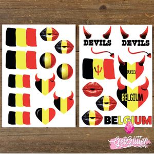 GetGlitterBaby® - Plak Tattoos WK Voetbal 2022 / Tijdelijke Tattoo Sticker / Nep Tatoeage / Gezicht en Lichaam Schmink Versiering - België / Belgische Vlag / Duivels / Devils - 2 stuks