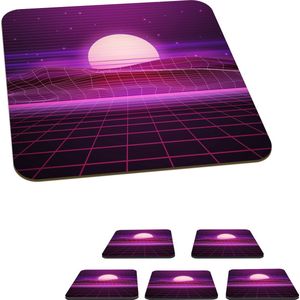 Onderzetters voor glazen - Gaming - Neon - Retro - Paars - Zon - Gamen - 10x10 cm - Glasonderzetters - 6 stuks