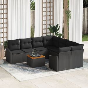 vidaXL - 9-delige - tuinsofa - set - met - kussens - zwart - poly - riet - acacia