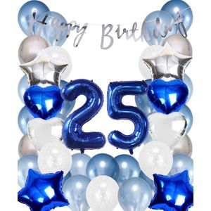 Snoes Ballonnen 25 Jaar Set Mega Blauw Zilver Ballon - Compleet Feestpakket Cijferballon 25 Jaar - Verjaardag Versiering Slinger Happy Birthday – Folieballon – Latex Ballonnen - Helium Ballonnen