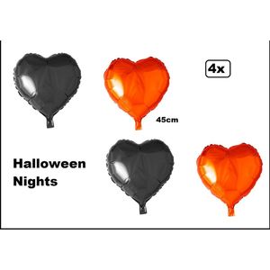 4x Folieballon Hart zwart/oranje (45 cm) - Halloween - Creepy griezelnight bruid hartjes ballon feest festival - Deze ballon wordt NIET standaard geleverd met helium of lucht.