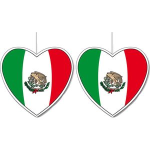 3x stuks mexico vlag hangdecoratie hartjes vorm karton 14 cm - Brandvertragend - Feestartikelen/decoraties
