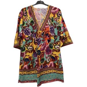 Kaftan - Tuniek - jurk - Strandjurk met print One size S-L paars/geel/groen