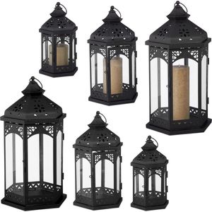 Relaxdays 6-delige lantaarn set - windlicht - decoratief - lantaarns - 3 groottes zwart