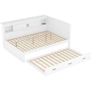 Gotagee Slaapbank, 140x200cm, sfeerverlichting met afstandsbediening, nachtkastje, uitschuifbaar bed, stopcontact + USB, zonder matras, wit