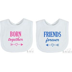 Soft Touch 2-pack Slabber Slabbetje Slab ""Born together Friends forever"" Unisex Tweeling Katoen Wit/blauw & wit/roze Maat 33x22 Cm