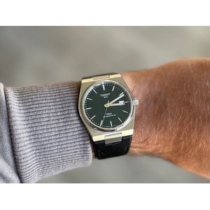 Solid link leather watch strap Black for Tissot PRX 40mm - Solide schakel leer horloge band zwart met quick release trekker