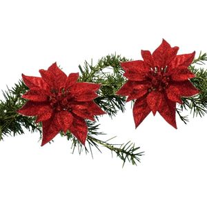 Kerst bloemen 2x stuks kunststof rood op clip - 18 cm - Kerstornament