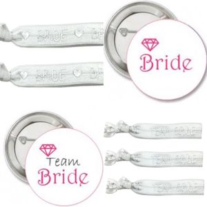 Vrijgezellenfeest set Bride to Be en Team Bride Diamond wit met zilver met 10 buttons en 10 armbanden