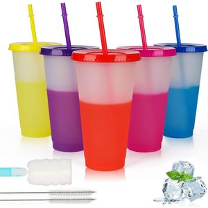 Drinkbekers met rietje en deksel, 5 stuks kleurveranderende bekers, 61 ml, plastic beker, smoothie, koffiebeker, voor onderweg reisbeker, beker voor kinderen en volwassenen, herbruikbare kunststof