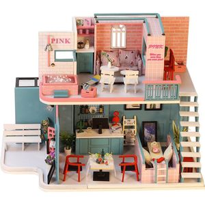 Miniatuur Bouwpakket Volwassenen - Houten Modelbouw - Pink Café - Met Stofkap, LED en Muziekdoosje