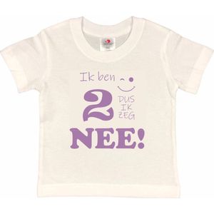 T-shirt Kinderen ""Ik ben 2 dus ik zeg NEE!"" | korte mouw | Wit/lila | maat 98/104