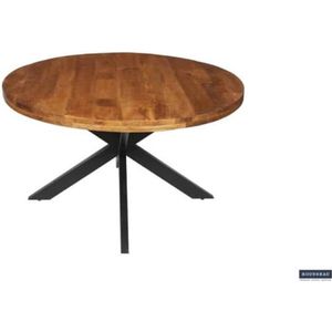 Eettafel 'Maria' 130 cm Rond Mangolia, Structuur metaal, blad exotisch hout mangolia, - Top 45 mm