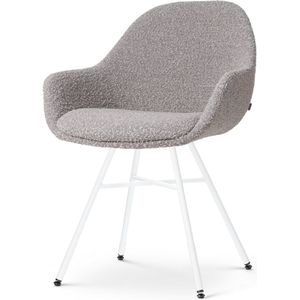 Nolon Noa-Mae Eetkamerstoel Bouclé Taupe - met Armleuning - Stof - Wit Metalen Poten - Design - Scandinavisch - Comfortabel