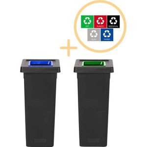 Plafor Fit Bin, Prullenbak voor afvalscheiding - 53L – Set van 2, Blauw/Groen- Inclusief 5-delige Stickerset - Afvalbak voor gemakkelijk Afval Scheiden en Recycling - Afvalemmer - Vuilnisbak voor Huishouden, Keuken en Kantoor - Afvalbakken