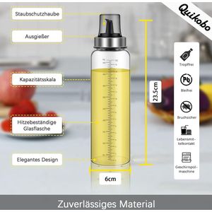 Oliefles 500 ml 2-pack, azijn en oliedispenser glazen fles met grote capaciteit. Ultradun glas. Grote olijfolie dispenser met schenktuit, oliefles container met duidelijke liniaal schaal