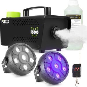 Partyset met Fuzzix F500S Rookmachine - 1L vloeistof - 1x Strobo - 1x Blacklight op accu