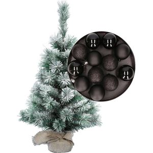 Besneeuwde mini kerstboom/kunst kerstboom 35 cm met kerstballen zwart - Kerstversiering