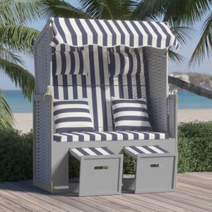 The Living Store Strandstoel met kussens poly rattan en hout blauw en wit - Strandstoel - Ligbed - Lounge Stoel - Tuinset - Buitendrankjes