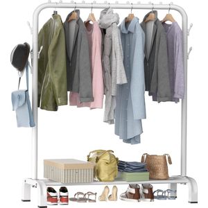 Kleding Rail, Heavy Duty Kleding Rail, Kledingrekken voor slaapkamer, Kledingrek, Minimalistisch ontwerp Witte Kleding Rail met 8 Zijhaken, Vrijstaande Kleding Rail, Draagbare Kleding Opslag