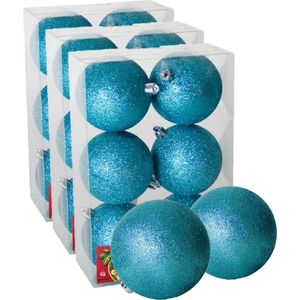 18x stuks kerstballen ijsblauw glitters kunststof diameter 8 cm - Kerstboom versiering