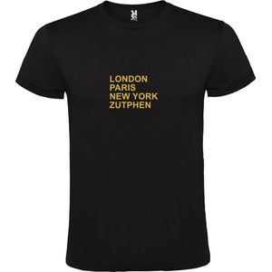 Zwart T-Shirt met “ LONDON, PARIS, NEW YORK, ZUTPHEN “ Afbeelding Goud Size XL