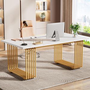 TRIBESIGNS - Computertafel - Bureau voor Thuiskantoor - Met Gouden Poten - Modern - Goud en Wit - 180 x 79 x 79 cm