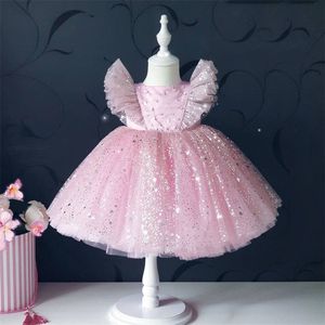Prinsessenjurk roze met grote strik - prachtige jurk voor de 2e verjaardag van jouw prinses - glitter en pailletten jurk voor feestje of trouwerij