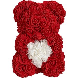 Rozen beer - Rood met Wit Hart - Rose Bear - 25 cm - Inclusief kaartje