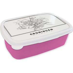 Broodtrommel Roze - Lunchbox - Brooddoos - Stadskaart – Zwart Wit - Kaart – Groningen – Nederland – Plattegrond - 18x12x6 cm - Kinderen - Meisje