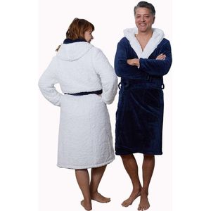 2 kanten draagbare badjas met teddy voering - navy - capuchon - unisex model Xl/XXL - reversible badjas fleece