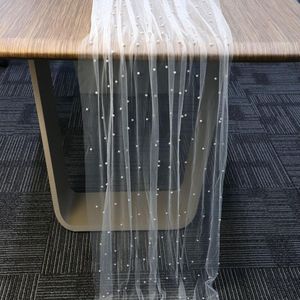 Tafelloper 300x90cm Kant Tafelkleed Zacht Tule Stof Tafeldecoraties voor Bruidsdouche Verjaardagsfeestje Trouwboog (Wit)