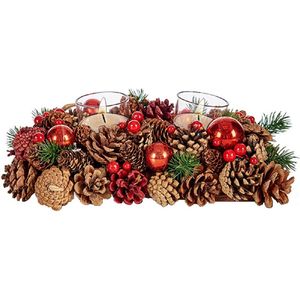 Kerst thema kaarsenhouder ornament red/green nature 29 x 18 x 11 cm - Voor 2x kaarsjes - Tafel decoratie