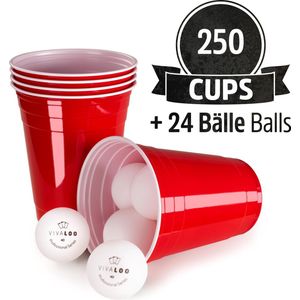 VIVALOO Bierspel - Drankspel - Set van 250 Plastic Bekers en 24 Beer Pong Ballen - Feest Wegwerpbekers - Rood - 455 ml
