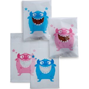 100 x Transparante Uitdeelzakjes voor kindertraktatie op school - blauw en roze Cookie Monster patroon uitdeel zakjes - 9,5 x 13 cm