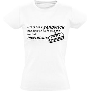 Life is like a sandwich, you have to fill it with the best ingredients  Heren t-shirt | lunchroom | leven | filosofie | vegetarier | restaurant | eten | kado | Wit