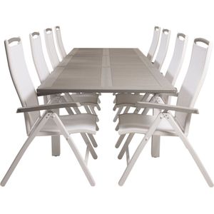 Albany tuinmeubelset tafel 100x224/324cm en 8 stoel 5posalu Albany wit, grijs.