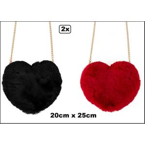2x Hart tas Love pluche rood en zwart 20cm x 25cm - Liefde trouwen halloween valentijn hartjes tasje verliefd thema feest festival